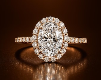 Exquisiter 2.00 Karat Diamantring im Ovalschliff 585 Massivgold | Im Labor gewachsener IGI-zertifizierter Ring | Heiligenschein Verlobungsring | Halo Diamant Brautring