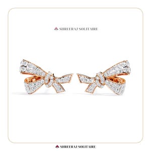 Gold Bow Stud Earrings with Round Diamond | Cute Bow Jewelry | Minimalist Earrings | Gift For Her | Dainty Studs | Cute Bow Earrings For Her