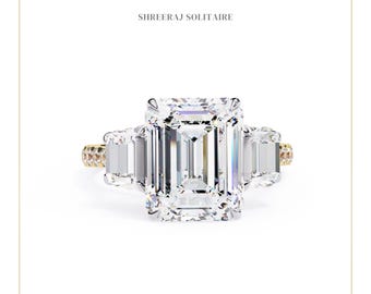 Emerald Cut Lab Grown Diamond Engagement Ring | 14K Gold, Three Stone, IGI Certified