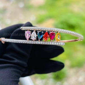 14K Rose Gold Color Stone Diamond Bangle Bracelet | Multicolor Gemstone Cuff Bracelet | Unique Designer Fine Jewelry | Elegant Gift for Her