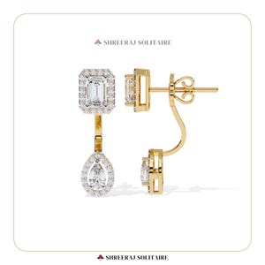Toi et Moi Halo Emerald and Teardrop Front Back Earrings | Lab Grown Diamonds | Gift For women | 925 silver | 14KT & 18KT Gold Earrings |
