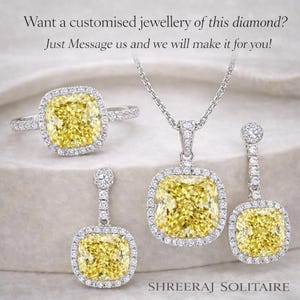 May include: A jewelry set featuring a ring, pendant necklace, and earrings, all with a square-cut yellow gemstone surrounded by a halo of smaller white stones. The text reads, "Want a customised jewellery of this diamond? Just Message us and we will make it for you!"