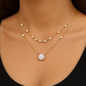 1.00 Ct Diamond Multi Layered Necklace | Diamond & 18K Gold Chain | Diamond Layer Necklace | Round Diamond Pendant | Diamond Jewelry For Her