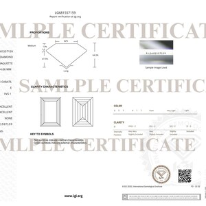 May include: A white laboratory-grown diamond report from the International Gemological Institute. The report details a 3.01-carat baguette-cut diamond with measurements of 10.35 x 6.31 x 4.06 mm, color grade E, and clarity grade VVS1.