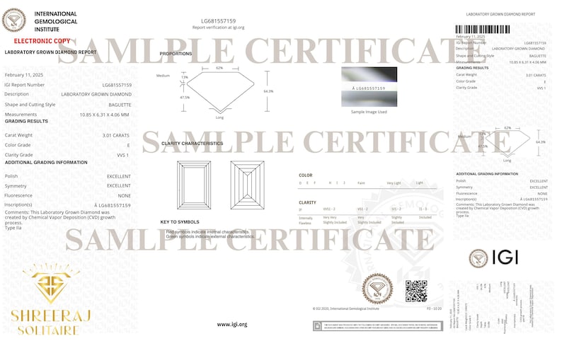May include: A white laboratory-grown diamond report from the International Gemological Institute. The report details a 3.01-carat baguette-cut diamond with measurements of 10.35 x 6.31 x 4.06 mm, color grade E, and clarity grade VVS1.