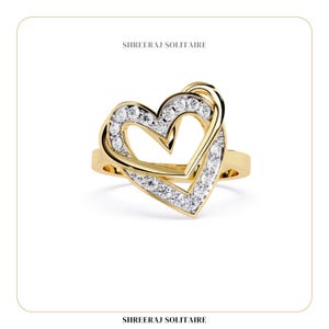 Anillo de oro con doble corazón / Anillo de diamantes cultivados en laboratorio / Anillo de compromiso romántico de oro / Regalo elegante de joyería en forma de corazón / Regalo del día de San Valentín /