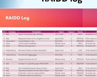 RAIDD log, risk, assumption, issue, dependency, decision - 3 formats