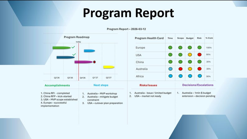 May include: A program report titled "Program Report" with a roadmap and health card. The roadmap shows project timelines with green, blue, purple, and yellow bars. The health card displays project status for Europe, USA, China, Australia, and Africa.