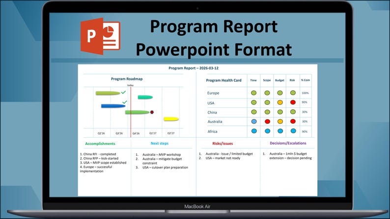 May include: A laptop screen displays a PowerPoint presentation titled "Program Report Powerpoint Format." The report includes a program roadmap, health card, risks/issues, and decisions/escalations. The screen shows a MacBook Air.