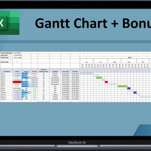 May include: A laptop screen displaying a Gantt chart in a spreadsheet program. The chart shows a project timeline with tasks, deadlines, and progress bars. The title of the chart is "Gantt Chart + Bonus".
