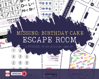 May include: A printable escape room game for ages 8 and up. The game is called "Missing: Birthday Cake Escape Room" and features 6 puzzles that take 30-60 minutes to complete. The game includes a variety of puzzles, including a code-breaking puzzle, a word search, and a logic puzzle. The game is designed to be played by a group of people.