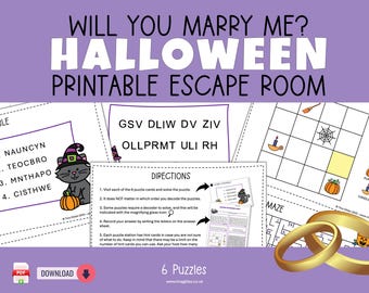 May include: A printable Halloween-themed escape room game featuring six puzzles, including a word scramble with a cat illustration, a coded message, and a maze. The set includes instruction sheets, answer keys, and two gold rings in the foreground.
