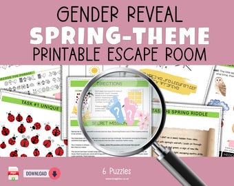 May include: A printable gender reveal spring-themed escape room game featuring six puzzles. The pages include tasks with ladybugs, a secret mission with blue and pink footprints, a spring riddle, and a magnifying glass focused on the directions.