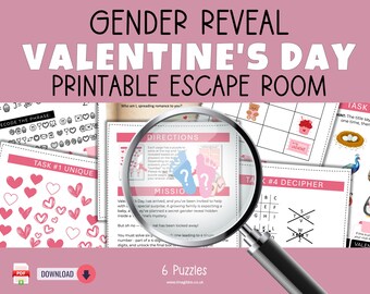 May include: A printable gender reveal Valentine's Day escape room game featuring six puzzles. The document includes task sheets with hearts, a cipher, and mission instructions. A magnifying glass is positioned over the center of the page.