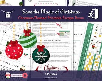 May include: A printable Christmas-themed escape room game with six puzzles. The game features a variety of puzzles, including a word scramble, a word maze, a Sudoku puzzle, and a secret mission. The game is designed to be played by one or more players and is perfect for families and friends.