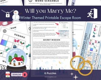 May include: A printable winter-themed escape room game with the text "Will you Marry Me?" featuring puzzles like Sudoku and word scrambles. Includes a snow globe graphic and two golden rings.