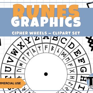 Puede incluir: Un conjunto gráfico digital que presenta una rueda de cifrado con un anillo exterior de letras del alfabeto inglés y un anillo interior de símbolos rúnicos. El texto RUNES GRAPHICS CIPHER WHEELS - CLIPART SET se muestra en la parte superior.