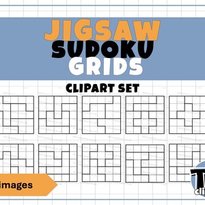 Könnte beinhalten: Ein digitales Clipart-Set mit zehn schwarz-weißen Jigsaw-Sudoku-Gittern in zwei Reihen. Die Grafik enthält den Text JIGSAW SUDOKU GRIDS CLIPART SET und 10 images vor einem hellblauen Hintergrund mit einem weißen Gittermuster.
