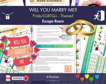 May include: A printable escape room game with a Pride/LGBTQ+ theme. The game features a variety of puzzles, including a word scramble, a cryptogram, a maze, and a sudoku. The game is designed for two players and includes a secret mission.
