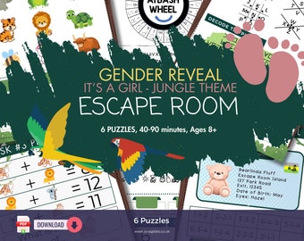 It's a Girl Gender Reveal Escape Room: Jungle Theme, 6 Puzzles (Printable)