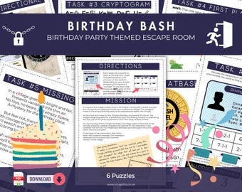 May include: A printable escape room game for a birthday party. The game has six puzzles with a birthday theme. The puzzles include a cryptogram, a first place puzzle, a missing puzzle, a direction puzzle, a mission puzzle, and a driving license puzzle. The game is designed for kids and adults.