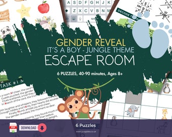 May include: A green and blue jungle-themed escape room game for ages 8 and up. The game includes 6 puzzles and takes 40-90 minutes to complete. The text on the game says "Gender Reveal It's a Boy - Jungle Theme Escape Room".