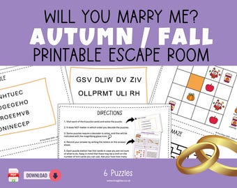 May include: A printable autumn-themed escape room game featuring puzzle cards with text, a directions sheet, and a grid puzzle with icons of owls, pumpkins, apples, and coffee cups. Two gold rings are visible in the corner, and the title reads WILL YOU MARRY ME? AUTUMN / FALL PRINTABLE ESCAPE ROOM.