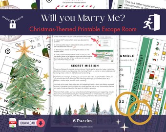 May include: A printable Christmas-themed escape room game with the text "Will you Marry Me?" and "Christmas-Themed Printable Escape Room." The design includes a watercolor Christmas tree, puzzle sheets, and gold wedding rings.