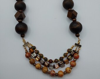 Fun Handmade beaded Necklace with wood, shell and glass beads. One of a Kind!