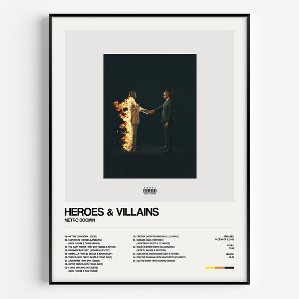 Stampa di Heroes & Villains, Metro Boomin, Poster di Heroes and Villains, Copertina, Album, Poster della tracklist, Decorazione musicale, Stampa minimalista