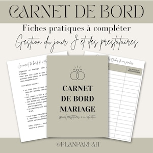 Peut inclure: Un carnet de bord de mariage imprimable de couleur beige clair avec le texte "CARNET DE BORD MARIAGE" en noir. La liste de contrôle est destinée à la planification de mariage et comprend des sections pour la gestion des fournisseurs et le jour du mariage.