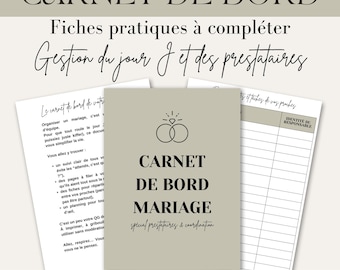 May include: A light brown printable checklist with the text "CARNET DE BORD MARIAGE" in black text. The checklist is for wedding planning and includes sections for managing vendors and the day of the wedding.