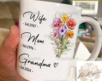 Tazza per la festa della mamma della nonna, tazza personalizzata personalizzata per la famiglia, tazza di fiori della nonna, tazze di fiori della mamma, tazza di caffè da 11 once, tazze di caffè personalizzate