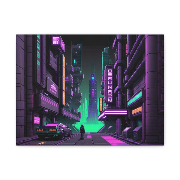 Pixel Art paysage urbain cyberpunk - impression sur toile inspirée d'un jeu vidéo, décoration de salle de jeux néon vibrante, art mural conceptuel gamer, idée cadeau unique