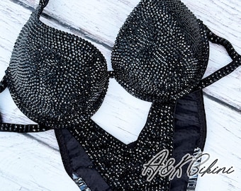 Handmade Black Rhinestone Competition Bikini: IFBB, NPC, WBFF Posing Suit