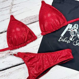 Bikini de competición con diamantes de imitación hecho a mano: traje de pose personalizado