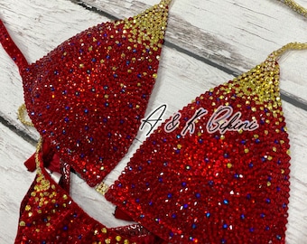 Handmade Red Rhinestone Competition Bikini: Custom IFBB/WBFF Posing Suit