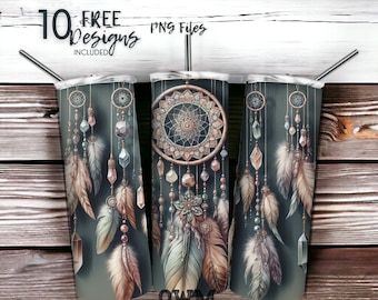 Boho Feathers & Moon 20 oz Skinny Tumbler Sublimation Design - PNG Instant  - DIGITAL DOWNLOAD