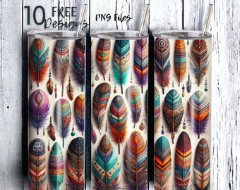 Boho Feathers 20 oz Skinny Tumbler Sublimation Design - PNG Instant  - DIGITAL DOWNLOAD