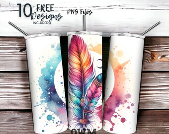Boho Feathers & Moon 20 oz Skinny Tumbler Sublimation Design - PNG Instant  - DIGITAL DOWNLOAD
