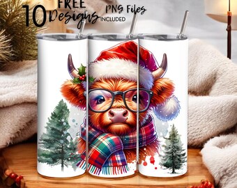 Weihnachts-Highland-Kuh 20 Unzen Skinny Tumbler Sublimationsdesign - PNG Instant - DIGITAL DOWNLOAD