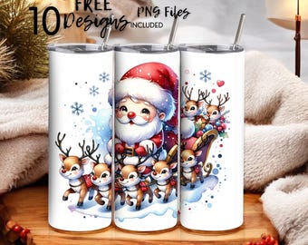 Niedlicher Weihnachtsmann mit Schlitten und Rentier 20 Unzen Skinny Tumbler Sublimationsdesign - PNG Instant - DIGITAL DOWNLOAD