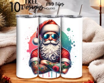 Bunter tätowierter Biker Santa mit Sonnenbrille 20 Unzen Skinny Tumbler Sublimationsdesign - PNG Instant - DIGITAL DOWNLOAD