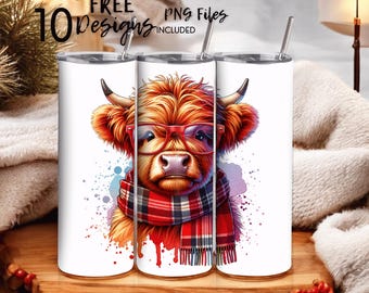 Weihnachts-Highland-Kuh 20 Unzen Skinny Tumbler Sublimationsdesign - PNG Instant - DIGITAL DOWNLOAD