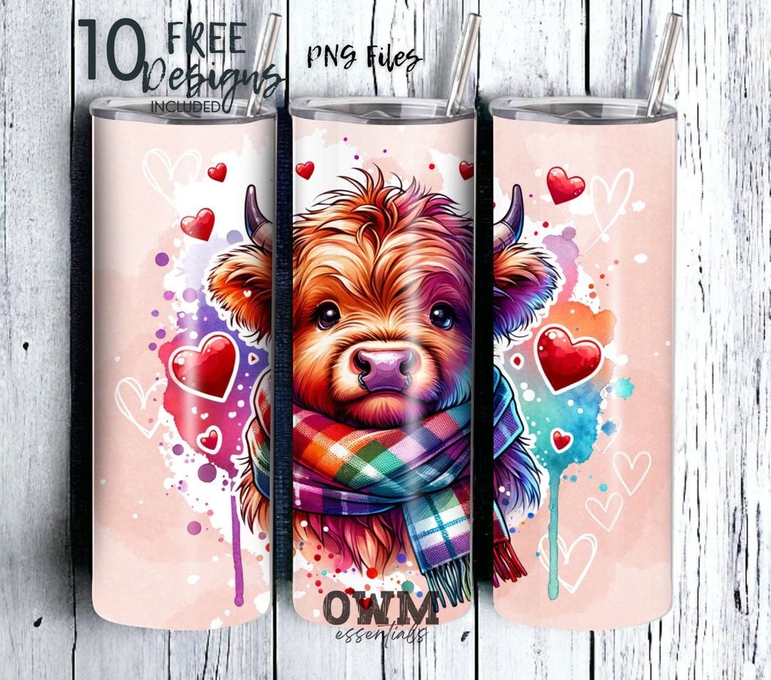 Highland Cow Hearts 20 Oz Skinny Tumbler Sublimation Design - PNG ...