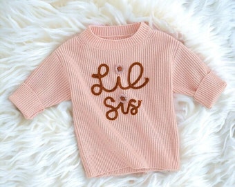 Pull brodé « petite soeur » bébé fille - sweat petite soeur, pull petite soeur, faire-part de grossesse petite soeur fille nouveau-né