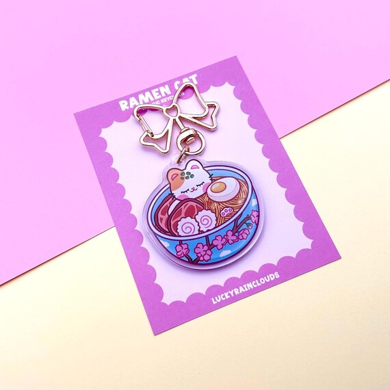 Ramen Cat Clear Acrylic Epoxy Keychain, Bag Charm, Kawaii, Keyring Accessory, Trinket