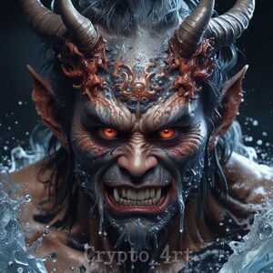 May include: A close-up of a blue-skinned demon with red eyes and horns. The demon is covered in water droplets and has a menacing expression. The text "Crypto_4rt" is visible at the bottom of the image.
