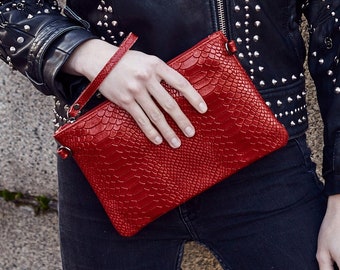 Red Snake Print Crossbody Clutch / Red Clutch Bag / Red Crossbody Bag / Red Handbag / Red Snake Bag / Red Pochette / Red Leather Bag