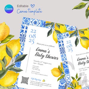 Mediterrane Zitronen-Babyparty-Einladung Blaue und gelbe Zitronenfliesen-bearbeitbare Canva-Vorlage